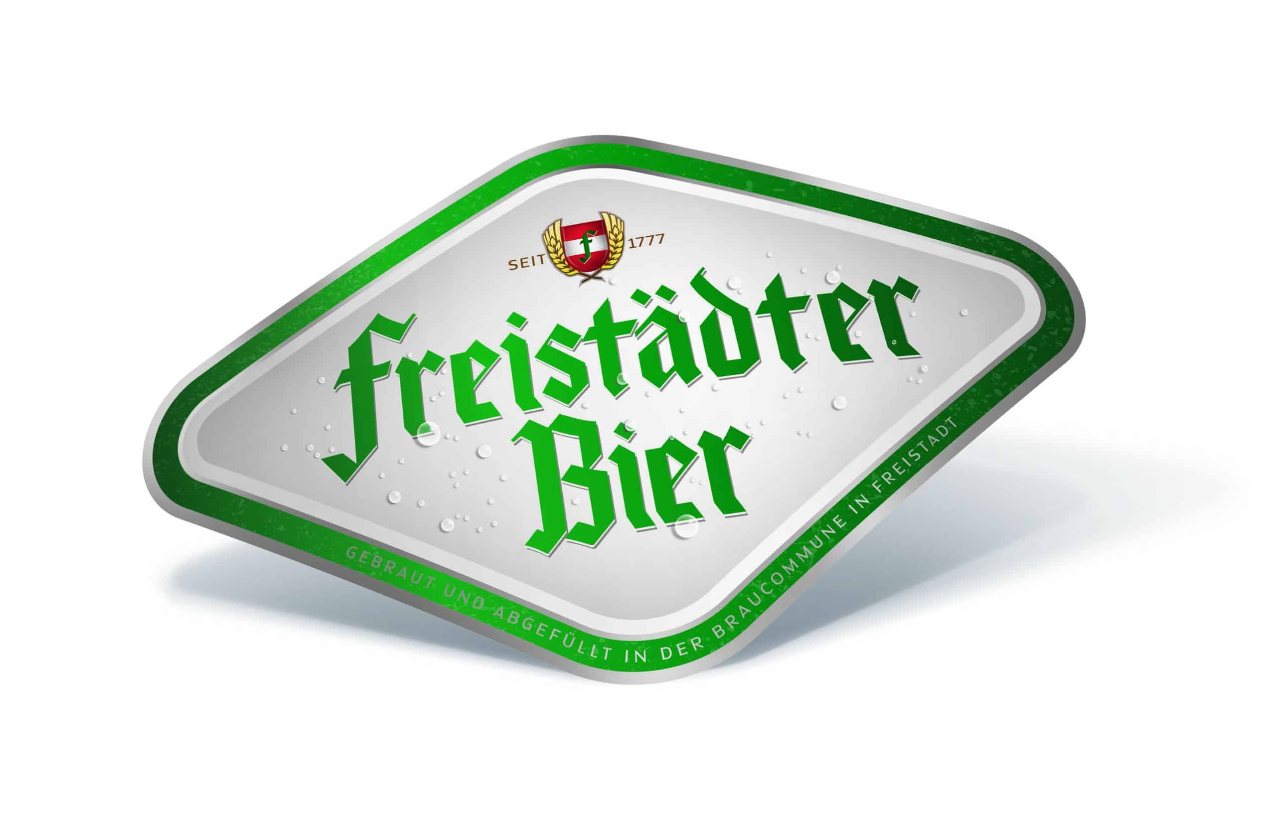 Freistädter Etikett mit grünem Rand, Freistaat Bier, Emblem Seit 1777.
